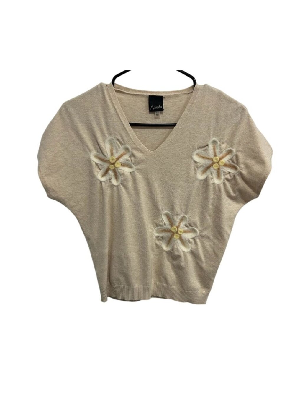 Aaeda XS Cream Short Sleeve V-Neck Sweater Felt Floral Applique Gardencore